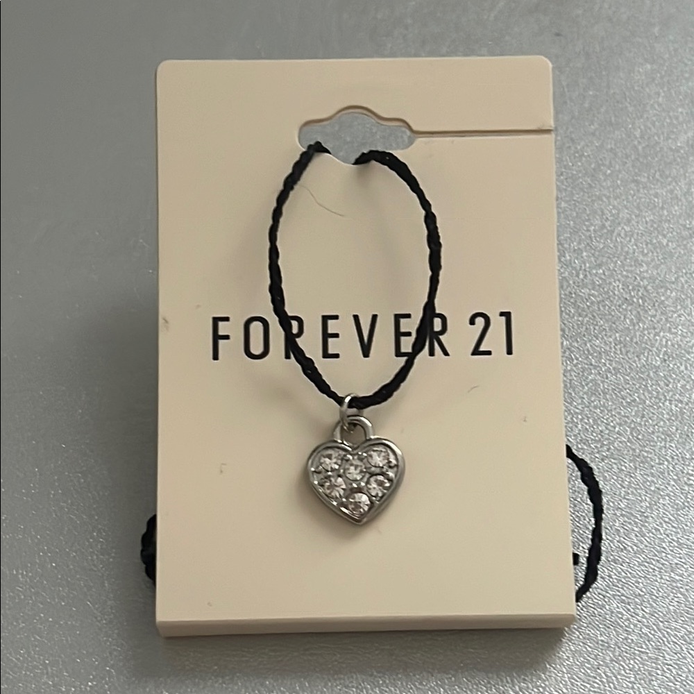 Forever 21 Black Cord Silver Heart Necklace